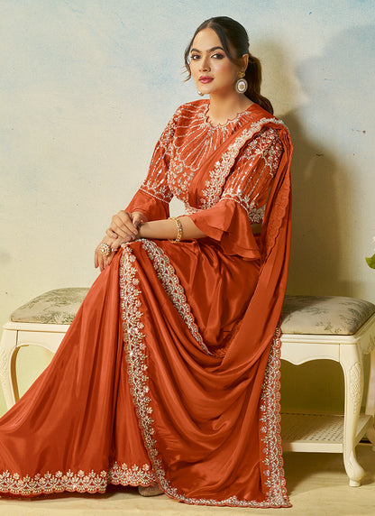 Orange Natural Satin Silk Sequin Work Party Wear Ready To Wear Saree SW852779