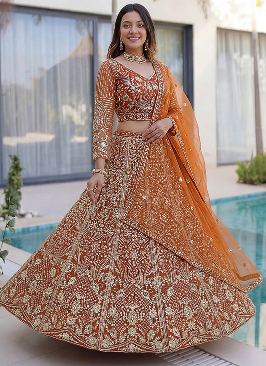 Orange Net Embroidery Work Occasional Wear Lehenga Choli SW550335