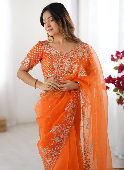 Orange Organza Sequins Work  Casual Wear Saree SW569366