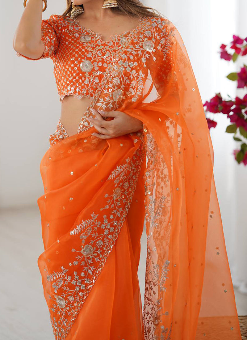 Orange Organza Sequins Work  Casual Wear Saree SW569366