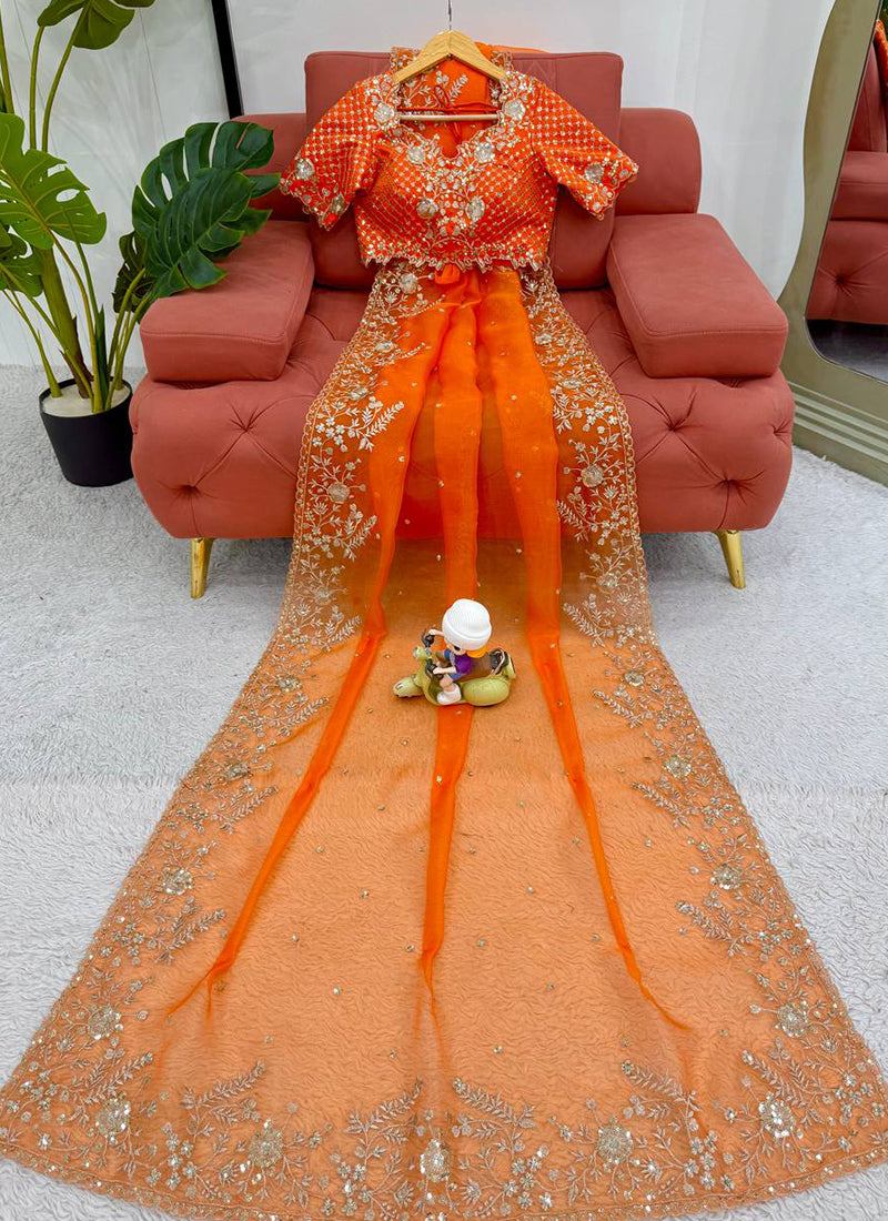 Orange Organza Sequins Work  Casual Wear Saree SW569366