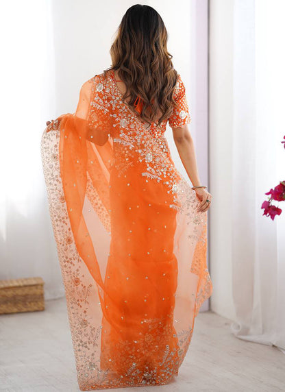 Orange Organza Sequins Work  Casual Wear Saree SW569366