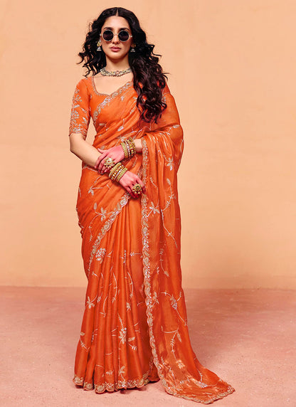 Orange Organza Sequins Work  Party Wear Saree SW566793