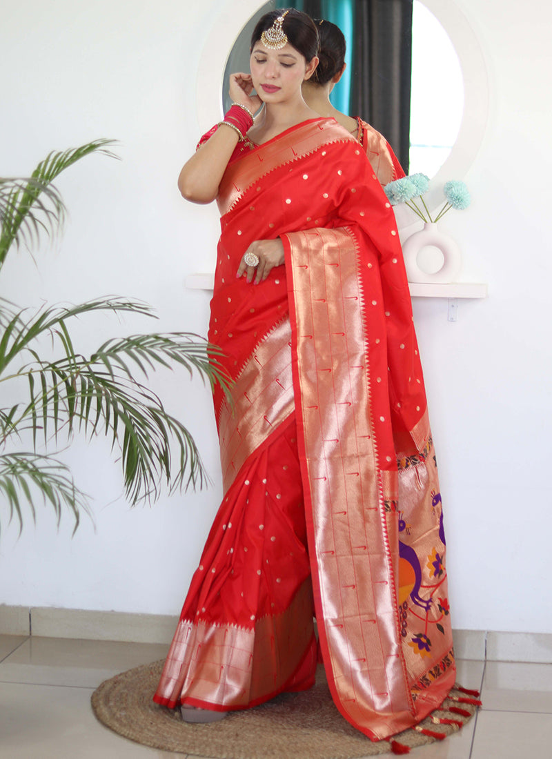 Paithni Silk Orange Saree with Embroidery Work for Party Wear 382464