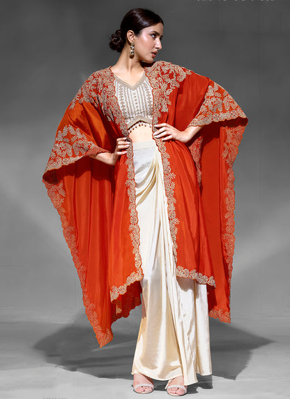 Premium Crepe Orange Party Wear Embroidery Work Readymade Indowestern Suit 388085