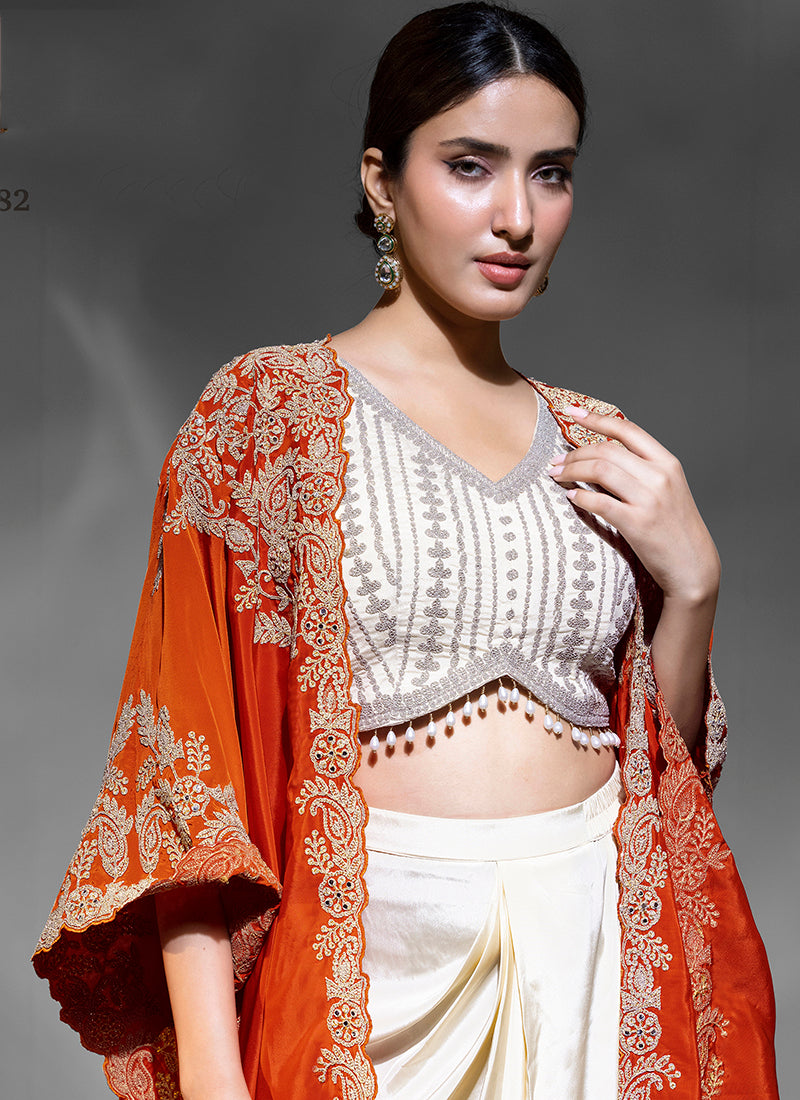 Premium Crepe Orange Party Wear Embroidery Work Readymade Indowestern Suit 388085