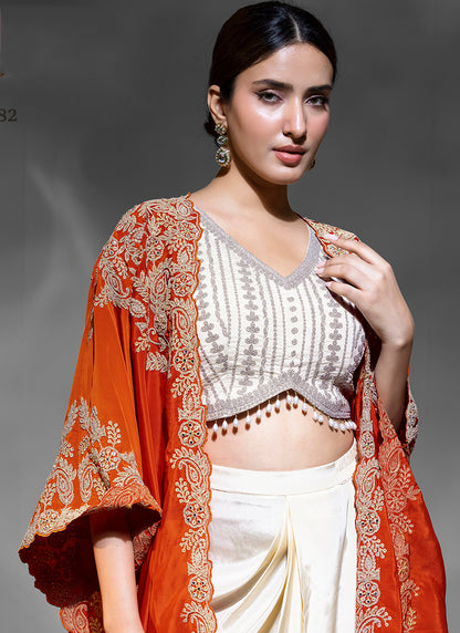 Premium Crepe Orange Party Wear Embroidery Work Readymade Indowestern Suit 388085