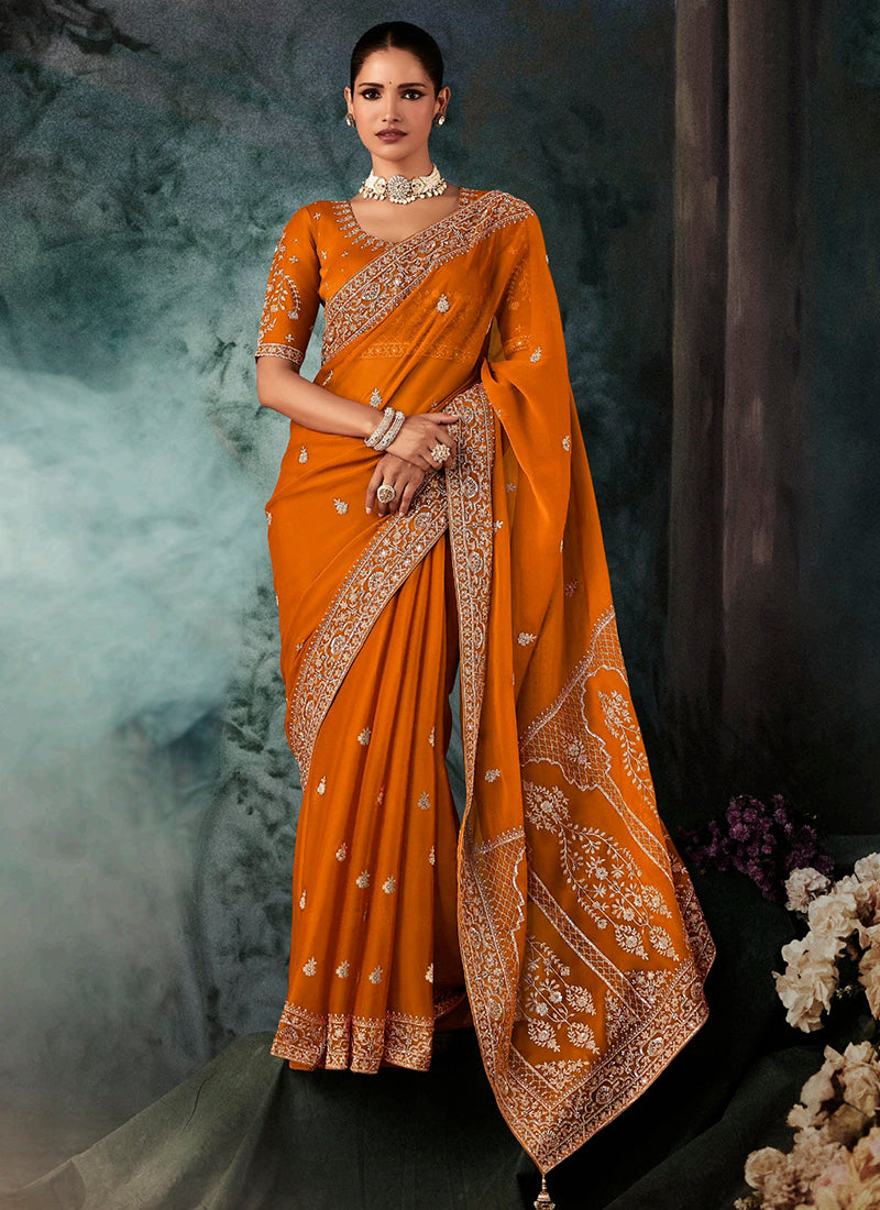 Pure Fancy Orange Bridal Wear Heavy Work Bridal Saree 387346