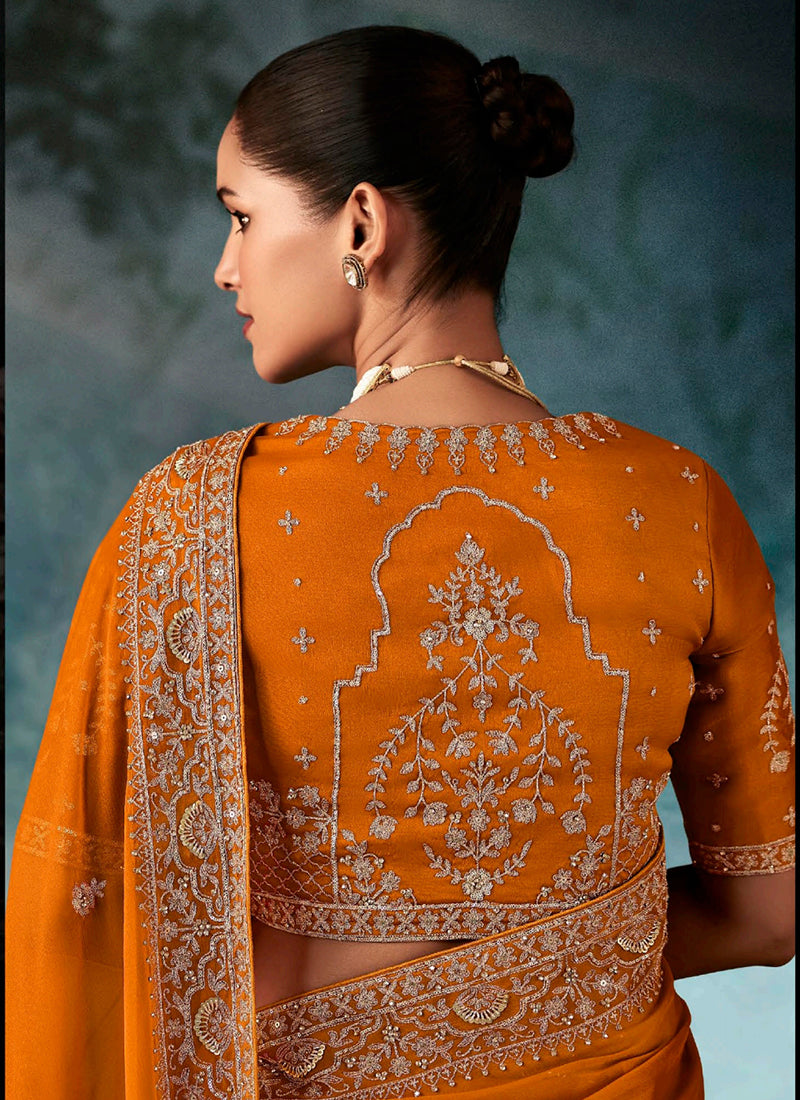 Pure Fancy Orange Bridal Wear Heavy Work Bridal Saree 387346