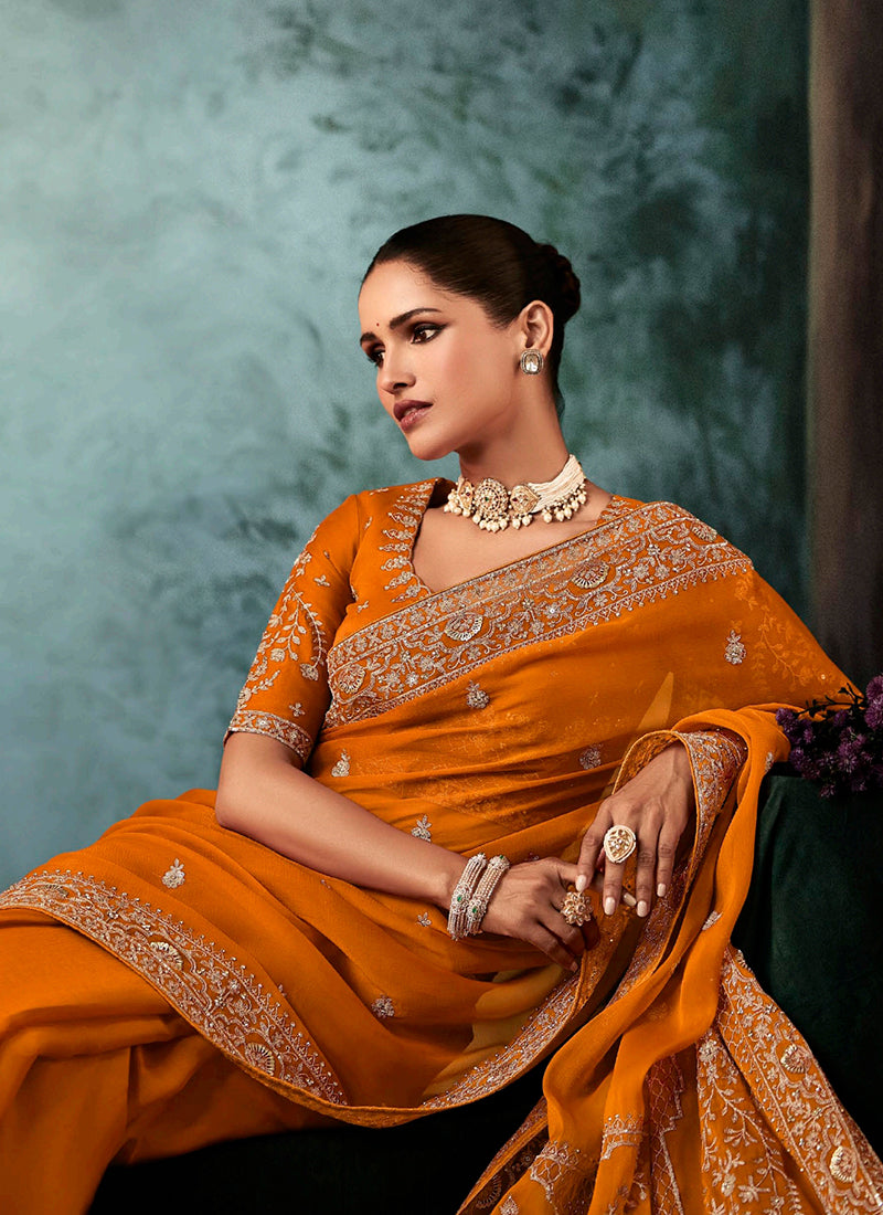 Pure Fancy Orange Bridal Wear Heavy Work Bridal Saree 387346