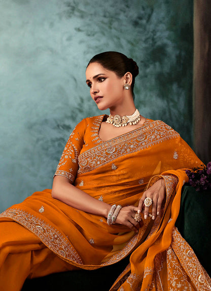 Pure Fancy Orange Bridal Wear Heavy Work Bridal Saree 387346