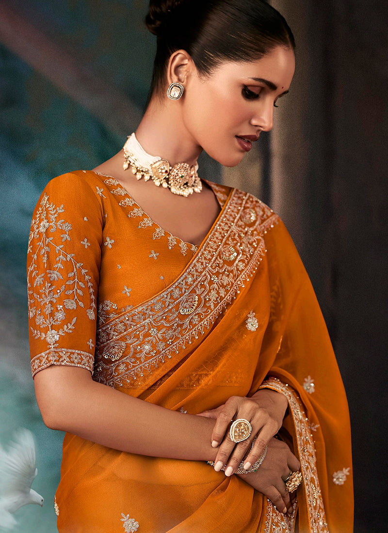 Pure Fancy Orange Bridal Wear Heavy Work Bridal Saree 387346