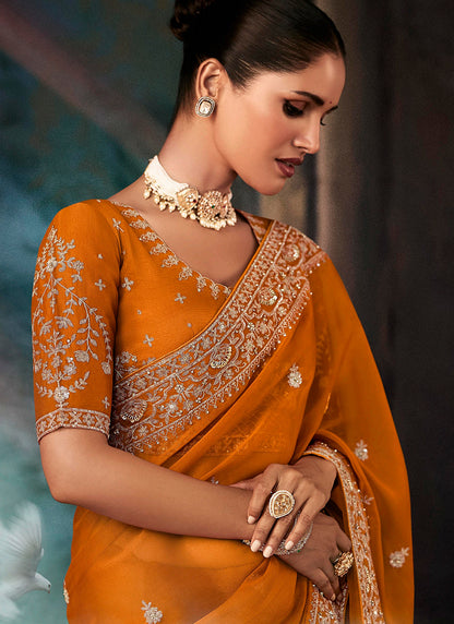 Pure Fancy Orange Bridal Wear Heavy Work Bridal Saree 387346