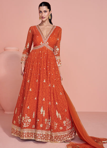 Real Georgette Orange Party Wear Embroidery Work Readymade Anarkali Gown 386701