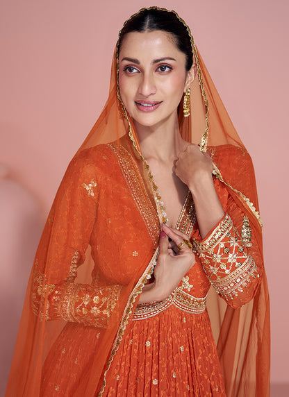 Real Georgette Orange Party Wear Embroidery Work Readymade Anarkali Gown 386701