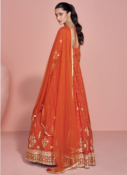 Real Georgette Orange Party Wear Embroidery Work Readymade Anarkali Gown 386701