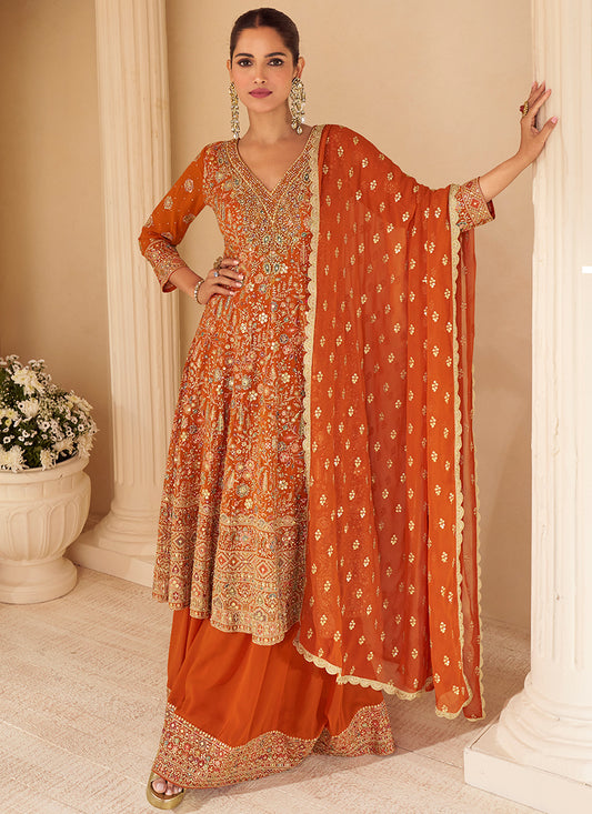 Real Georgette Orange Wedding Wear Embroidery Work Readymade Plazzo Suit 386490