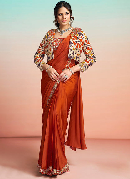 Orange Satin Silk Embroidery Work Festival Wear Readymade Saree SW334489
