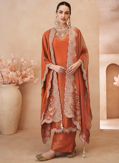 Shimmer Silk Orange Readymade Plazzo Suit with Embroidery Work for Festival Wear 385515