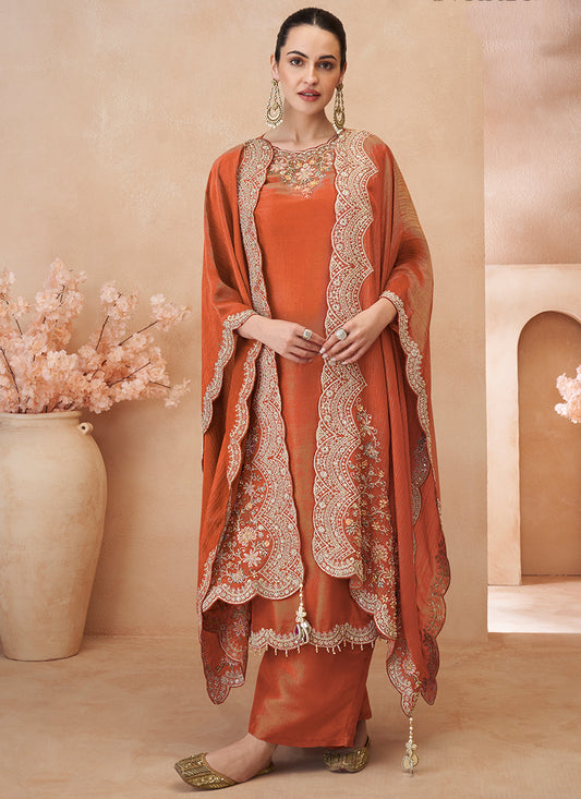Shimmer Silk Orange Readymade Plazzo Suit with Embroidery Work for Festival Wear 385515