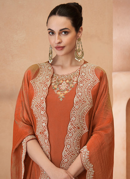 Shimmer Silk Orange Readymade Plazzo Suit with Embroidery Work for Festival Wear 385515