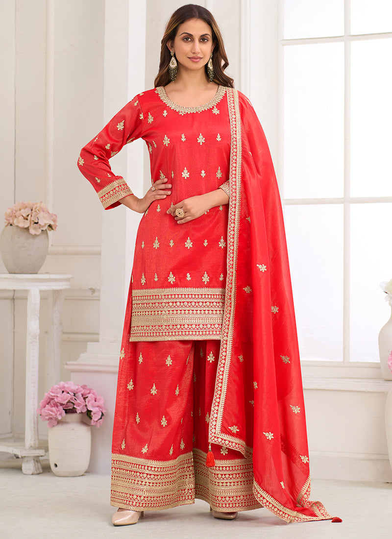 Orange Shimmer Silk Embroidery Work Festival Wear Readymade Plazzo Suit SW477134