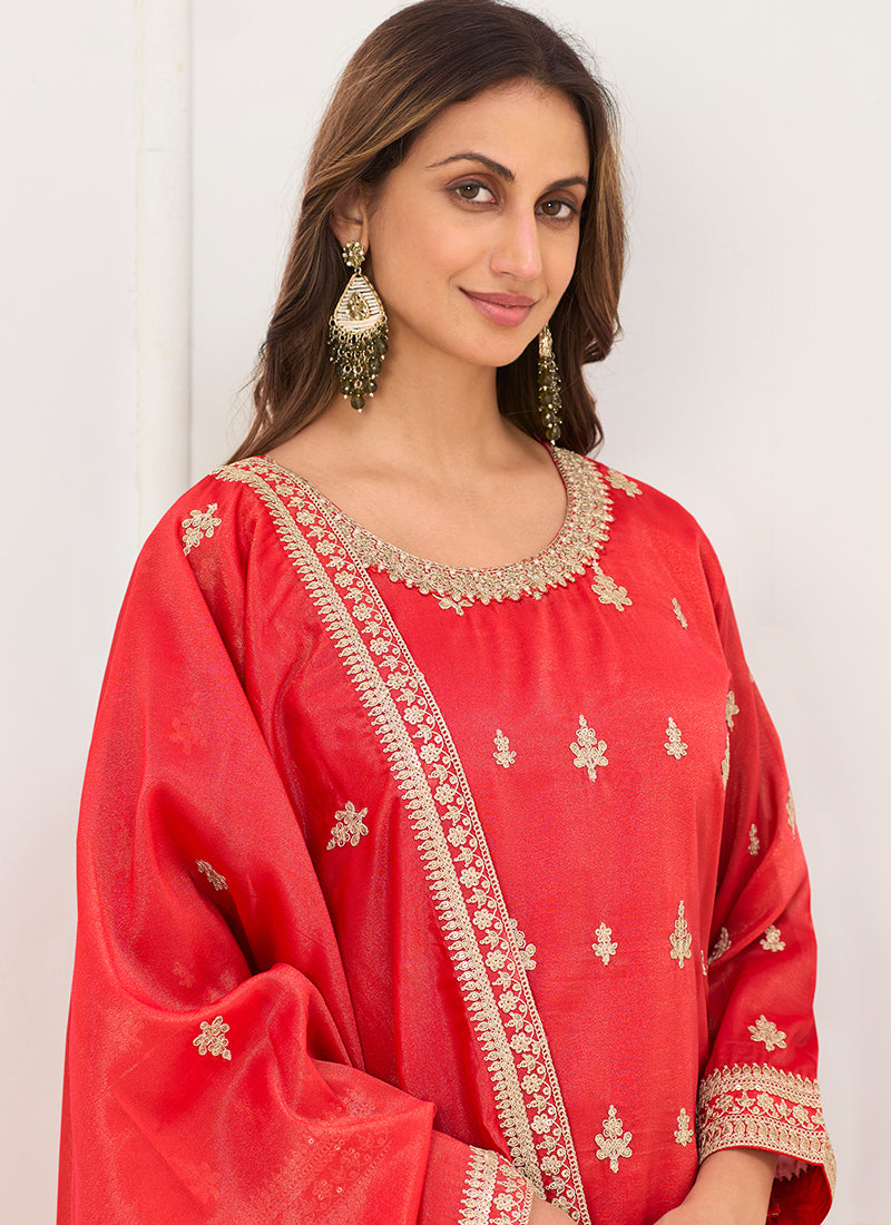 Orange Shimmer Silk Embroidery Work Festival Wear Readymade Plazzo Suit SW477134