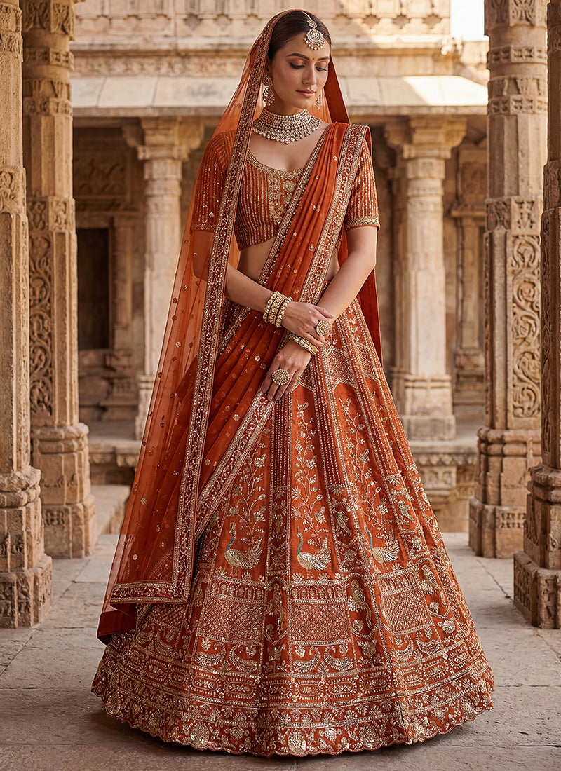 Silk Orange Bridal Lehenga Choli Embroidery Work Lehenga Choli 390677