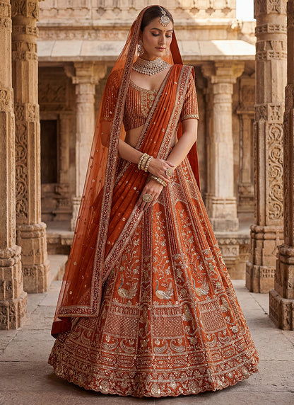 Silk Orange Bridal Lehenga Choli Embroidery Work Lehenga Choli 390677