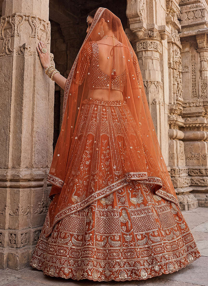 Silk Orange Bridal Lehenga Choli Embroidery Work Lehenga Choli 390677