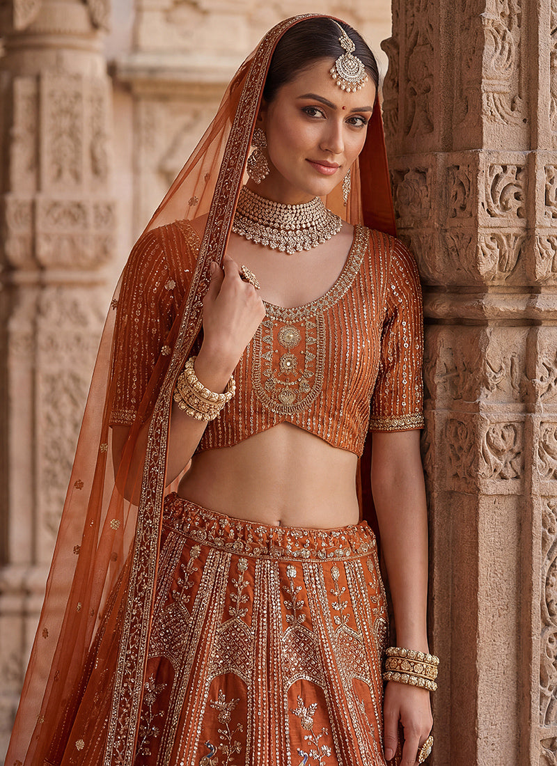 Silk Orange Bridal Lehenga Choli Embroidery Work Lehenga Choli 390677