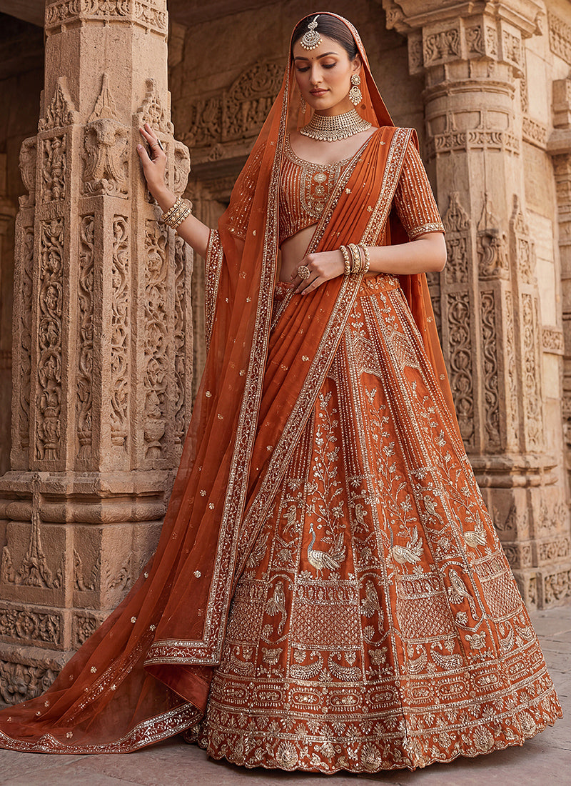 Silk Orange Bridal Lehenga Choli Embroidery Work Lehenga Choli 390677