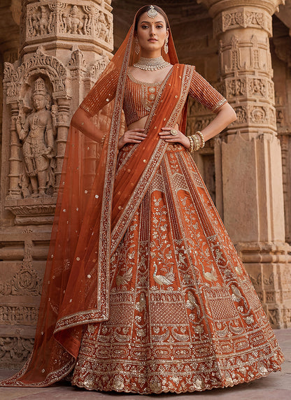 Silk Orange Bridal Lehenga Choli Embroidery Work Lehenga Choli 390677