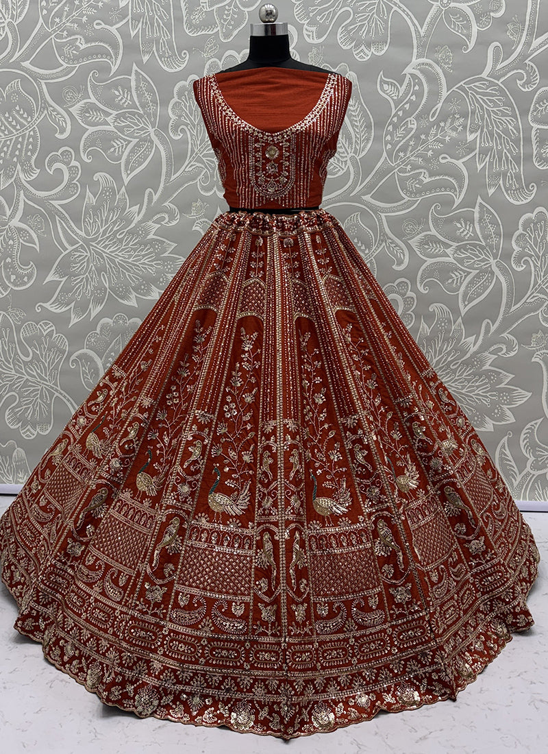 Silk Orange Bridal Lehenga Choli Embroidery Work Lehenga Choli 390677