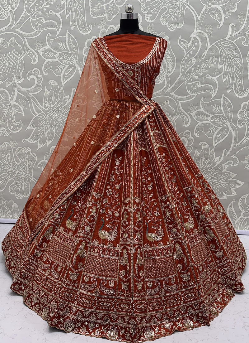 Silk Orange Bridal Lehenga Choli Embroidery Work Lehenga Choli 390677