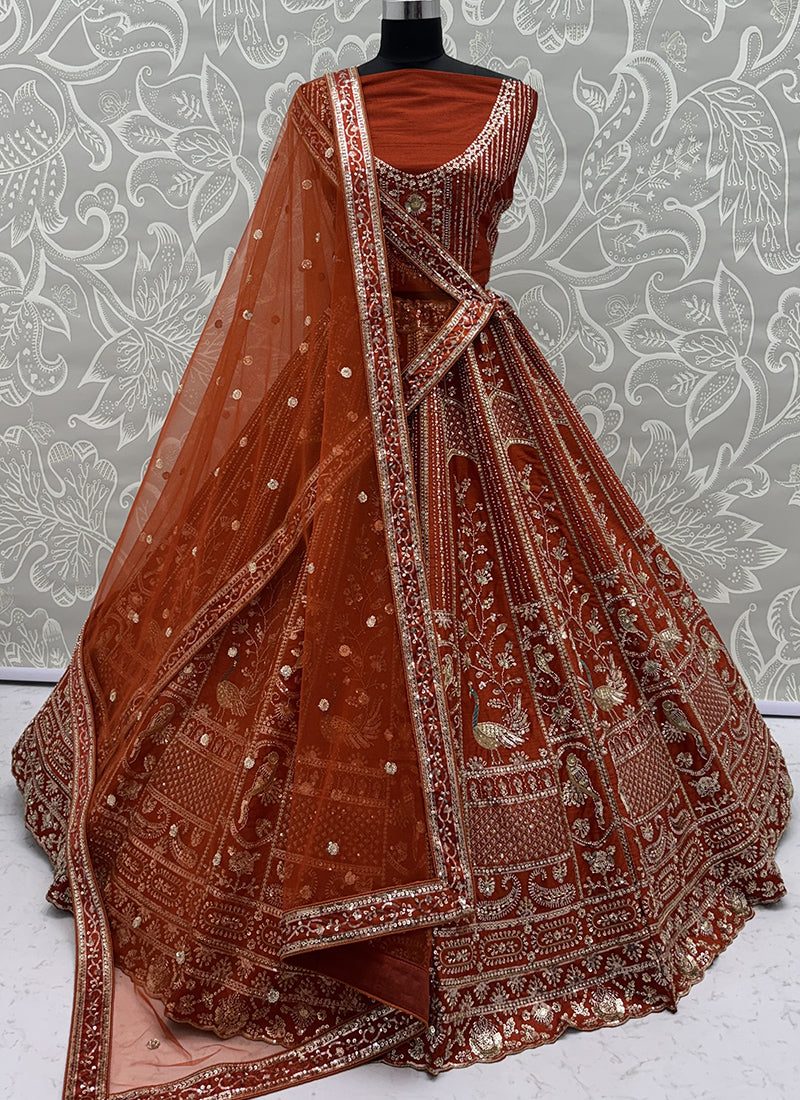 Silk Orange Bridal Lehenga Choli Embroidery Work Lehenga Choli 390677