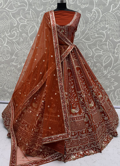 Silk Orange Bridal Lehenga Choli Embroidery Work Lehenga Choli 390677