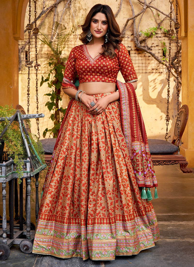 Orange Silk Printed Work Festival Wear Lehenga Choli SW281606