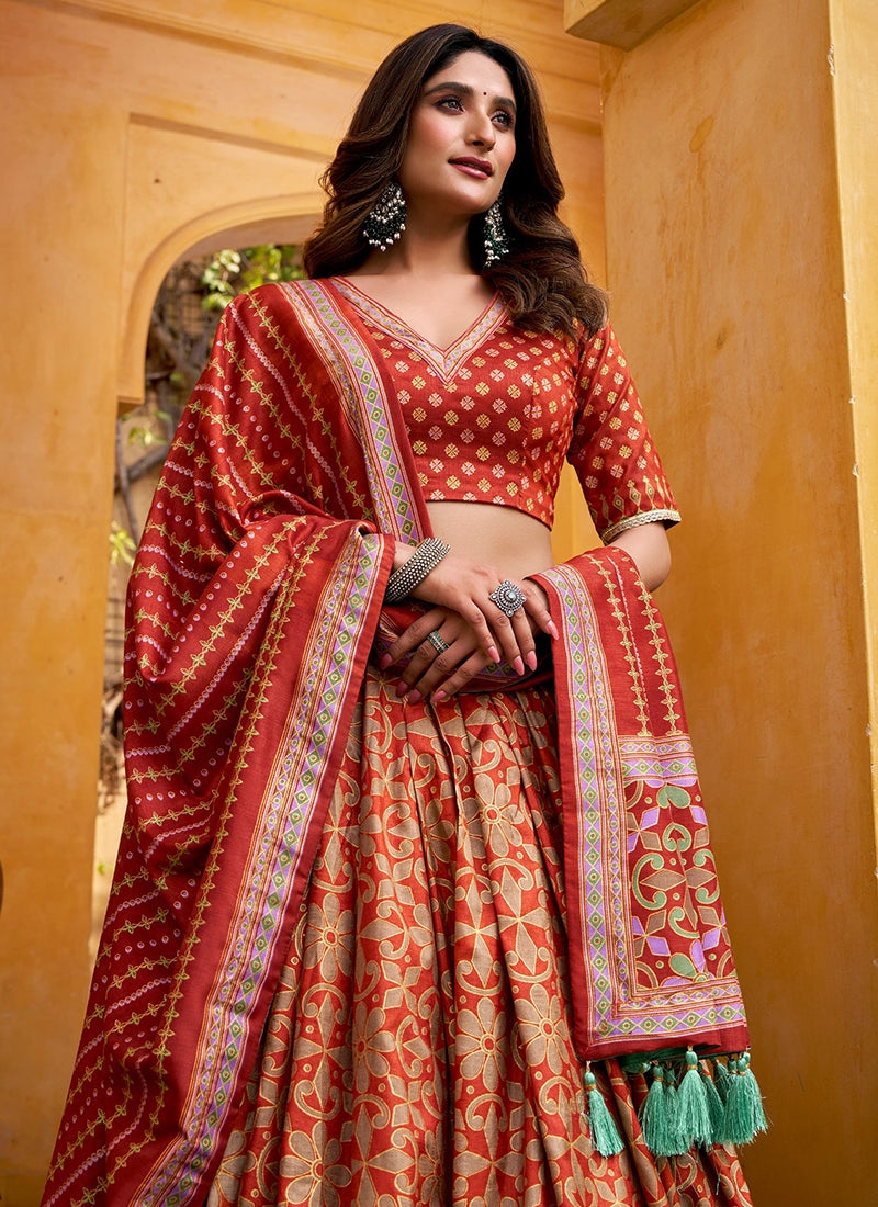 Orange Silk Printed Work Festival Wear Lehenga Choli SW281606