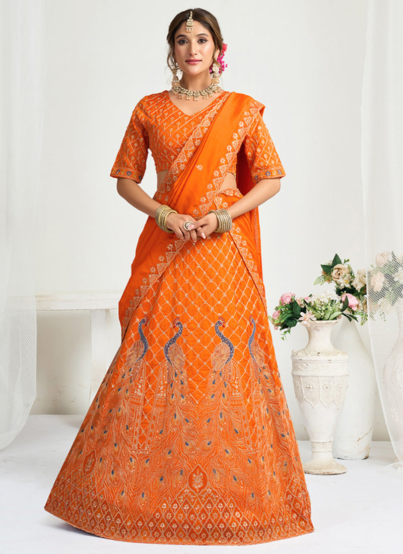 Silk Orange Party Wear Zari Embroidery Work Lehenga Choli 386037