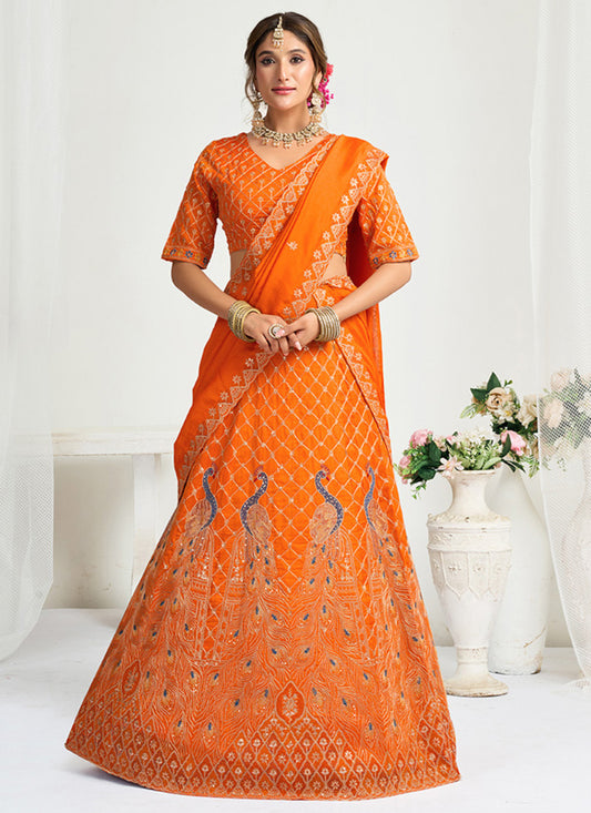 Silk Orange Party Wear Zari Embroidery Work Lehenga Choli 386037