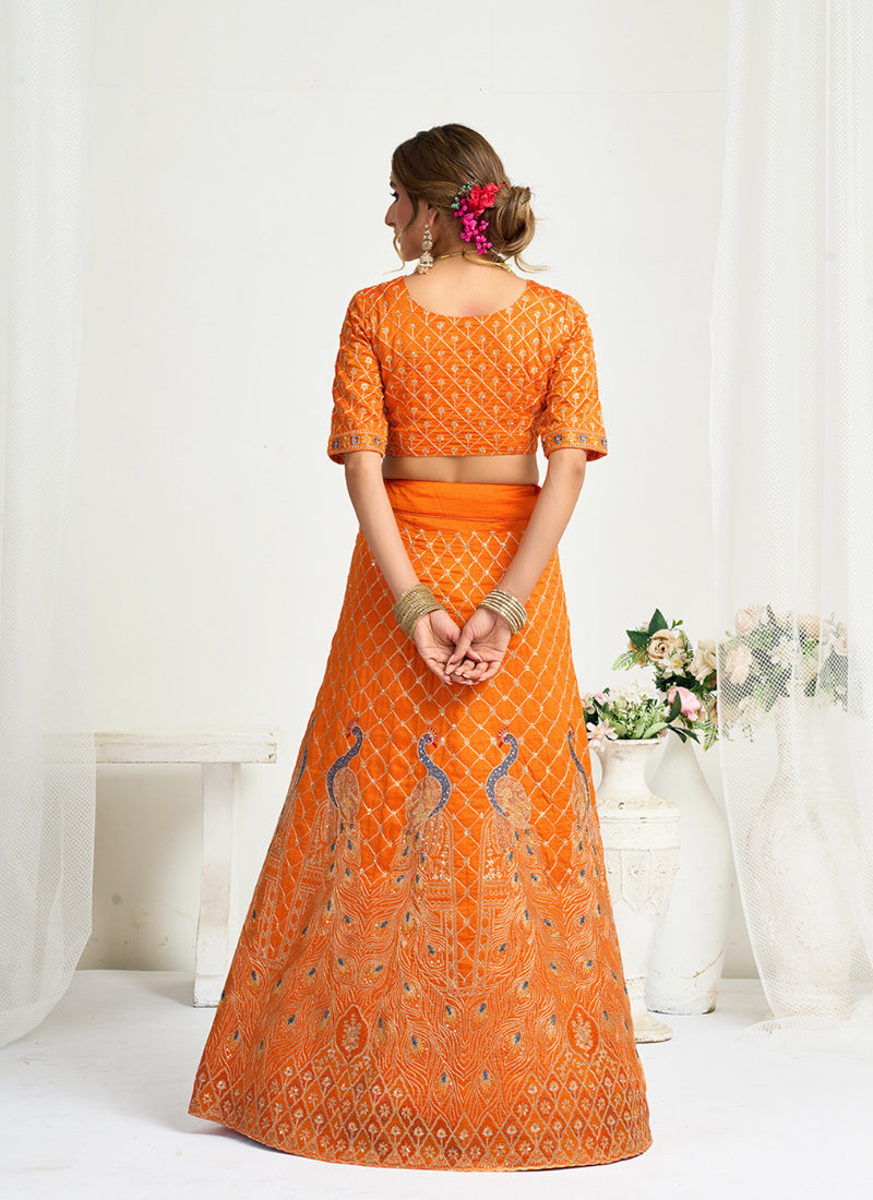 Silk Orange Party Wear Zari Embroidery Work Lehenga Choli 386037
