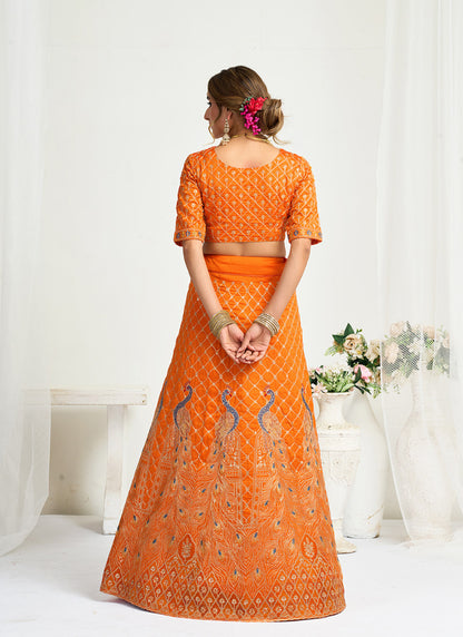 Silk Orange Party Wear Zari Embroidery Work Lehenga Choli 386037