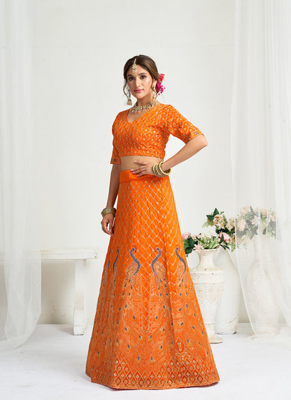 Silk Orange Party Wear Zari Embroidery Work Lehenga Choli 386037