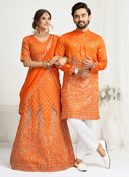Silk Orange Party Wear Zari Embroidery Work Lehenga Choli 386037