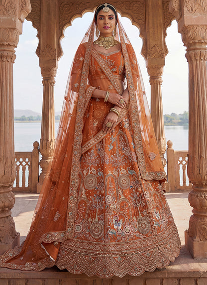 Orange Silk Embroidery Work Wedding Wear Lehenga Choli SW692655