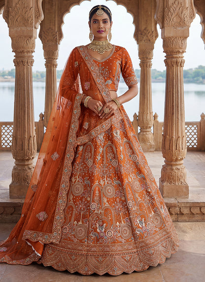 Orange Silk Embroidery Work Wedding Wear Lehenga Choli SW692655