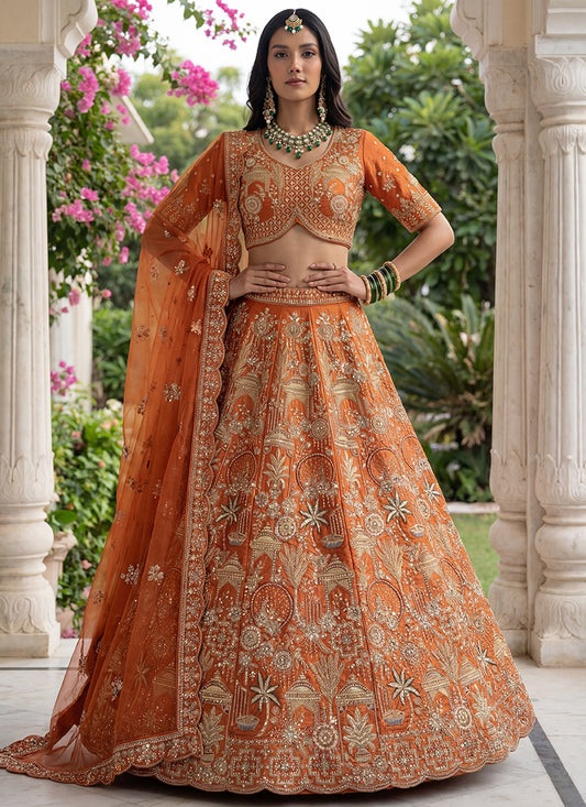 Orange Silk Embroidery Work Wedding Wear Lehenga Choli SW668263