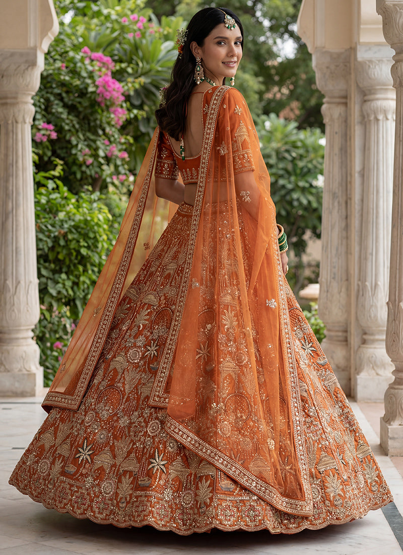 Orange Silk Embroidery Work Wedding Wear Lehenga Choli SW668263