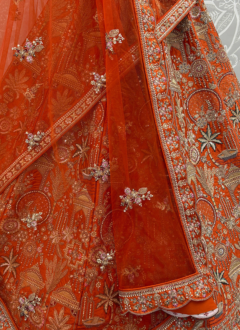 Orange Silk Embroidery Work Wedding Wear Lehenga Choli SW668263